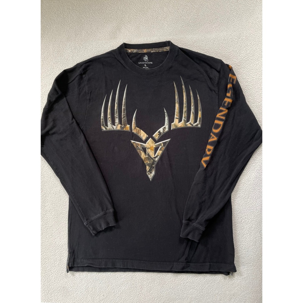Legendary Whitetails Mens Large Long Sleeve Shirt Black Camo Buck Logo Pro Staff